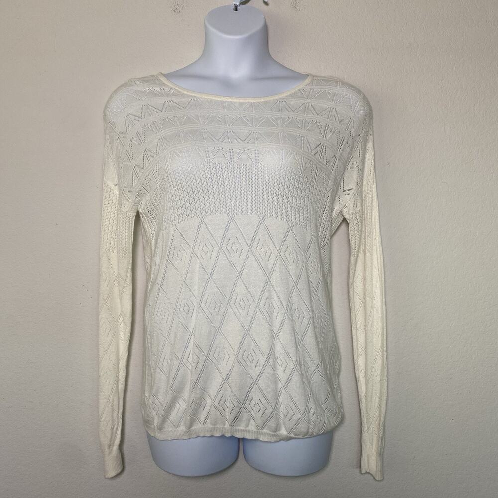 Charlie‎ Paige Cream Knit Sheer Pullover Sweater L/XL Boho Geometric Neutral